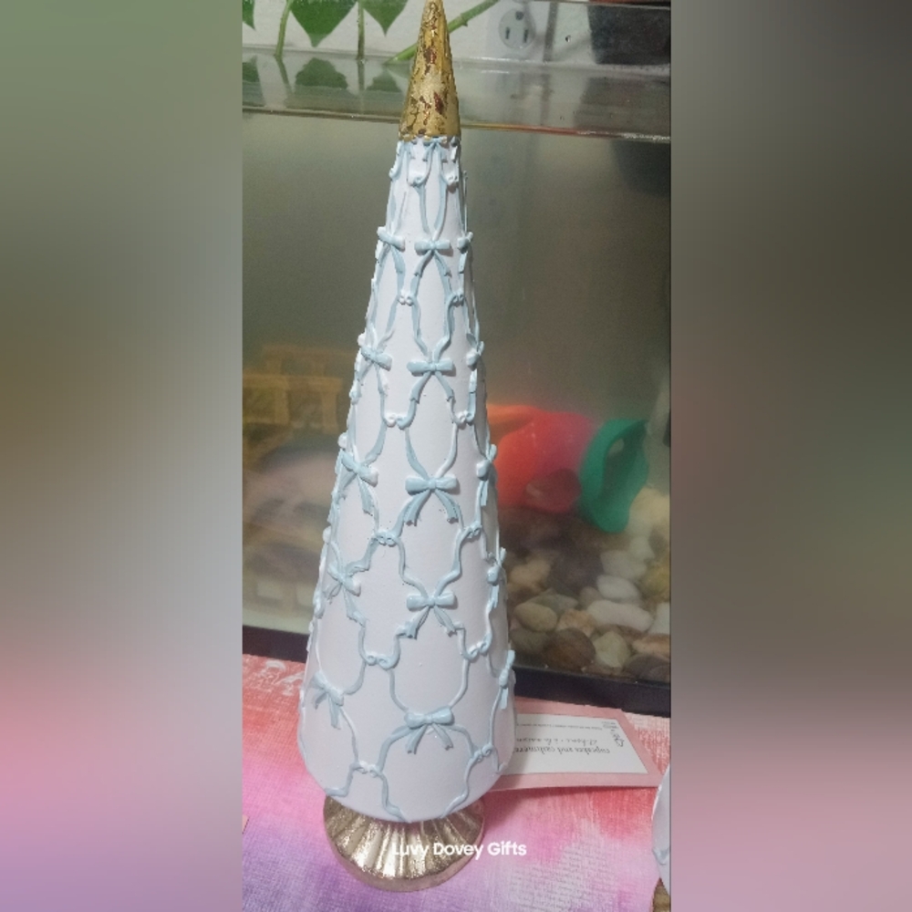 Cupcakes&Cashmere White Christmas Tree With Raised Blue Bows Gold Top&Base Nwt